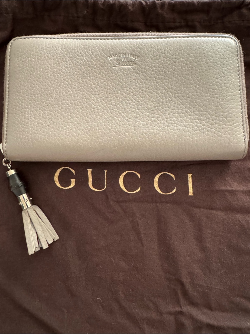 Gucci Gray Pebbled Leather Zip Wallet with Tassel
